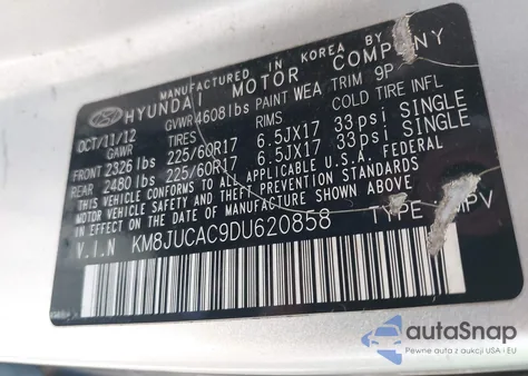 2013 Hyundai Tucson Gls from USA, damaged, VIN KM8JUCAC9DU620858
